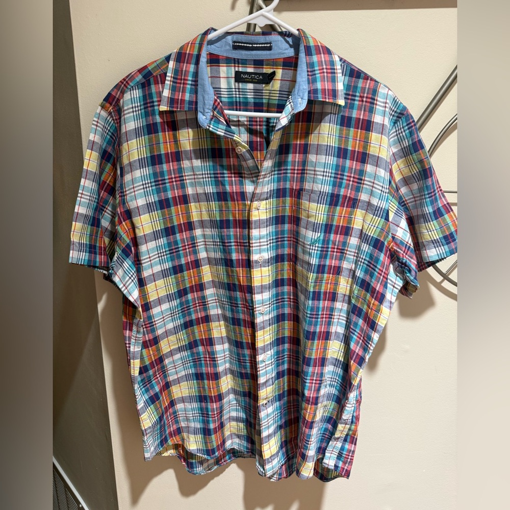 Nautica Multicolor Plaid Short-Sleeve Button-Down Shirt, Linen, Cotton, Size L